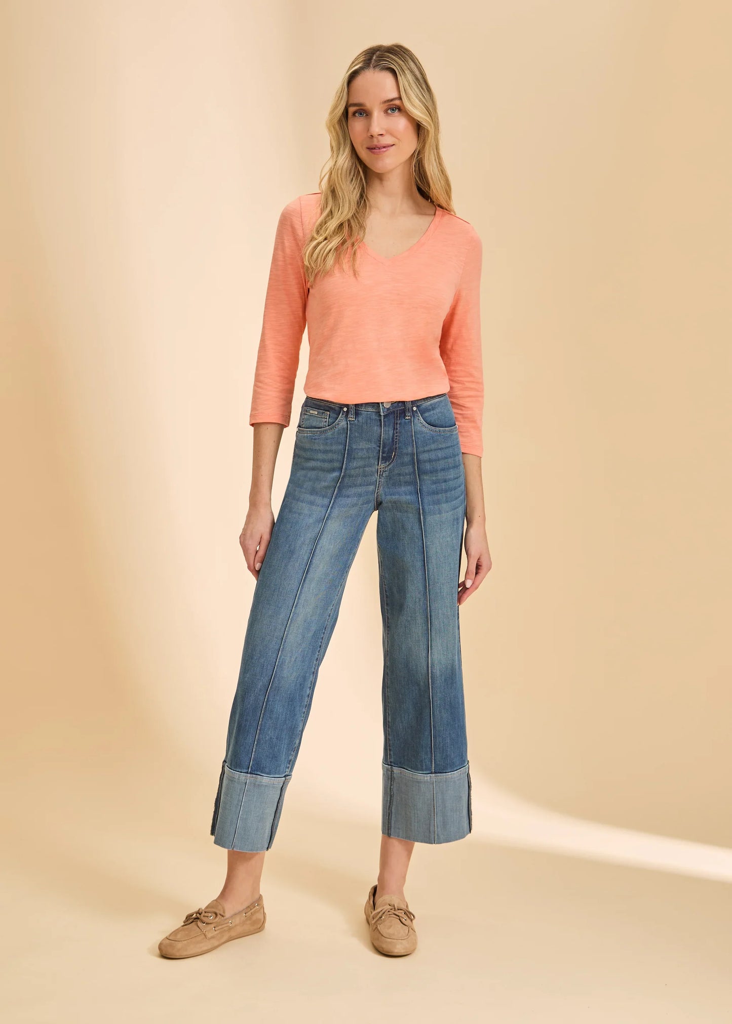 3/4 Sleeve V-Neck Top Cantalaloupe by FDJ