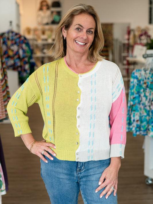 Colorblock Knit Cardigan Lime by Zaket & Plover