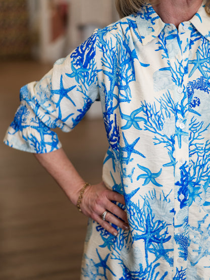Coastal Coral Shirt Dress Blue by Boho Chic