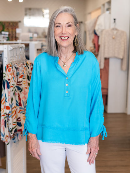 3/4 Drawstring Sleeve Double Fringe Hem Top by Multiples