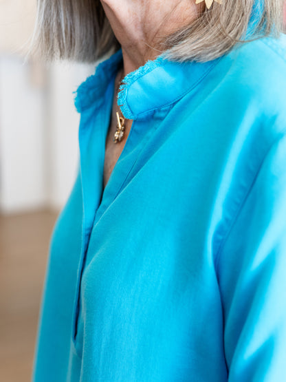 3/4 Drawstring Sleeve Double Fringe Hem Top by Multiples