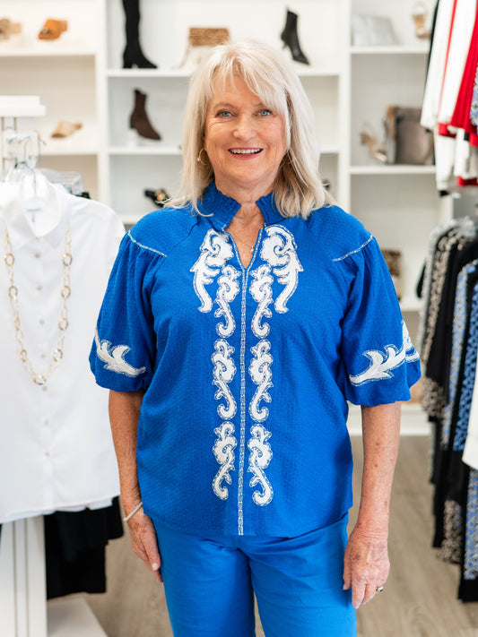 Embroidered Split-Neck Puff Sleeve Top by Tru Luxe