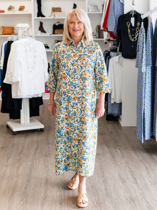 Floral Paisley Button-Front Midi Dress by Boho Chic