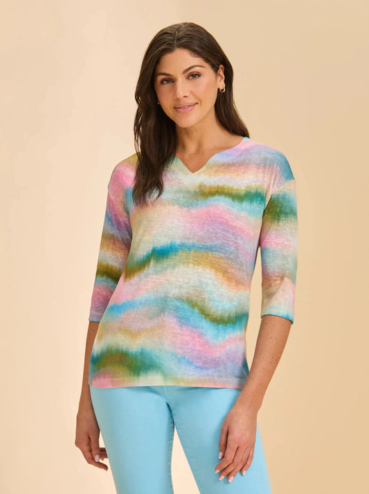 Drop Sholder Notch Neck Top Dip Dye Spritz Stripes by FDJ